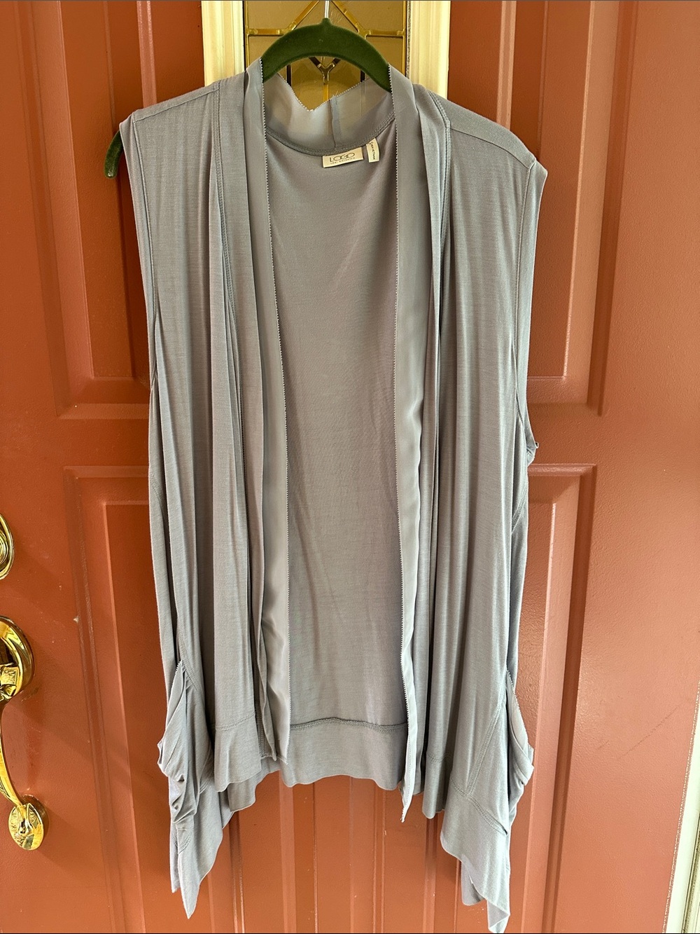 LOGO by Lori Goldstein Sleeveless Draped Cardigan Vest in Light Gray